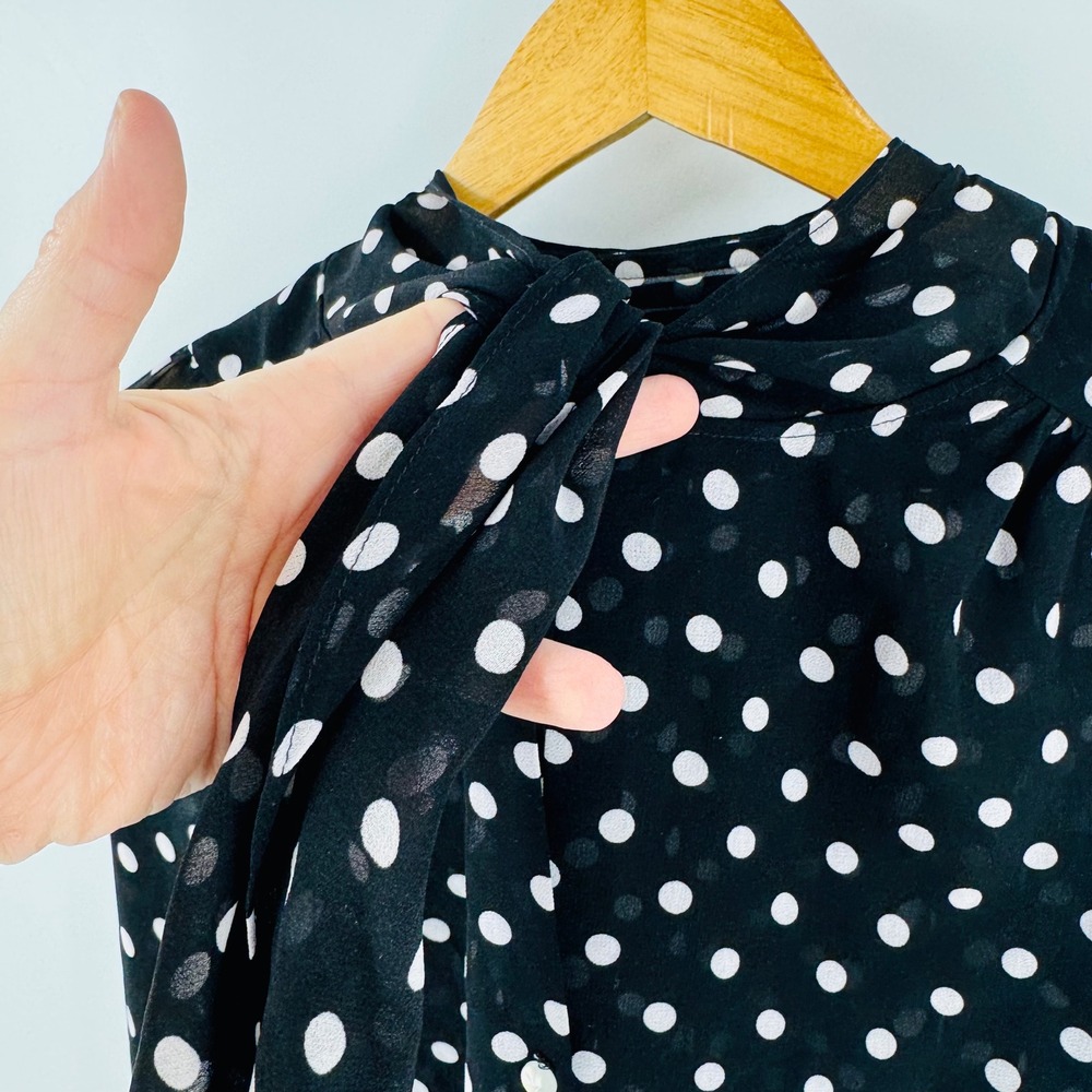 Black White Polka Dot sheer Tie Neck Long Sleeve Top Size XS Parisian Academia - Picture 6 of 9